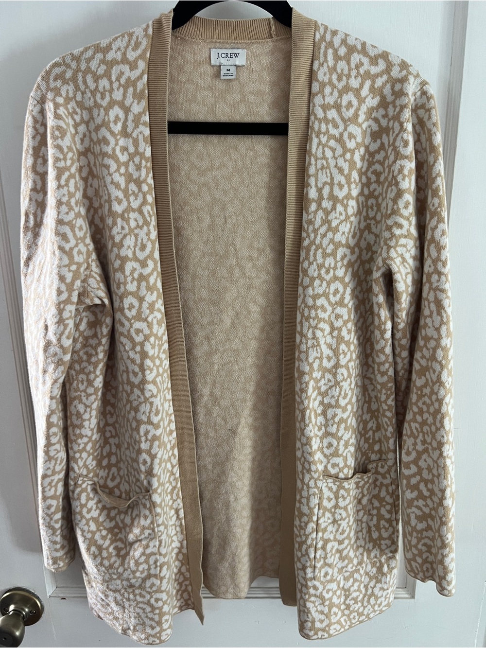 J Crew Leopard Open Cardigan Sweater Tan Ivory Animal Print Pockets Medium M